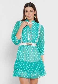 Polka Dot Belted Ruffle Detail Dress