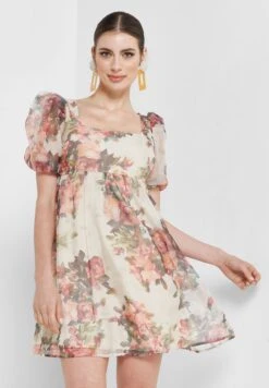 Balloon Sleeve Floral Print Tiered Dress