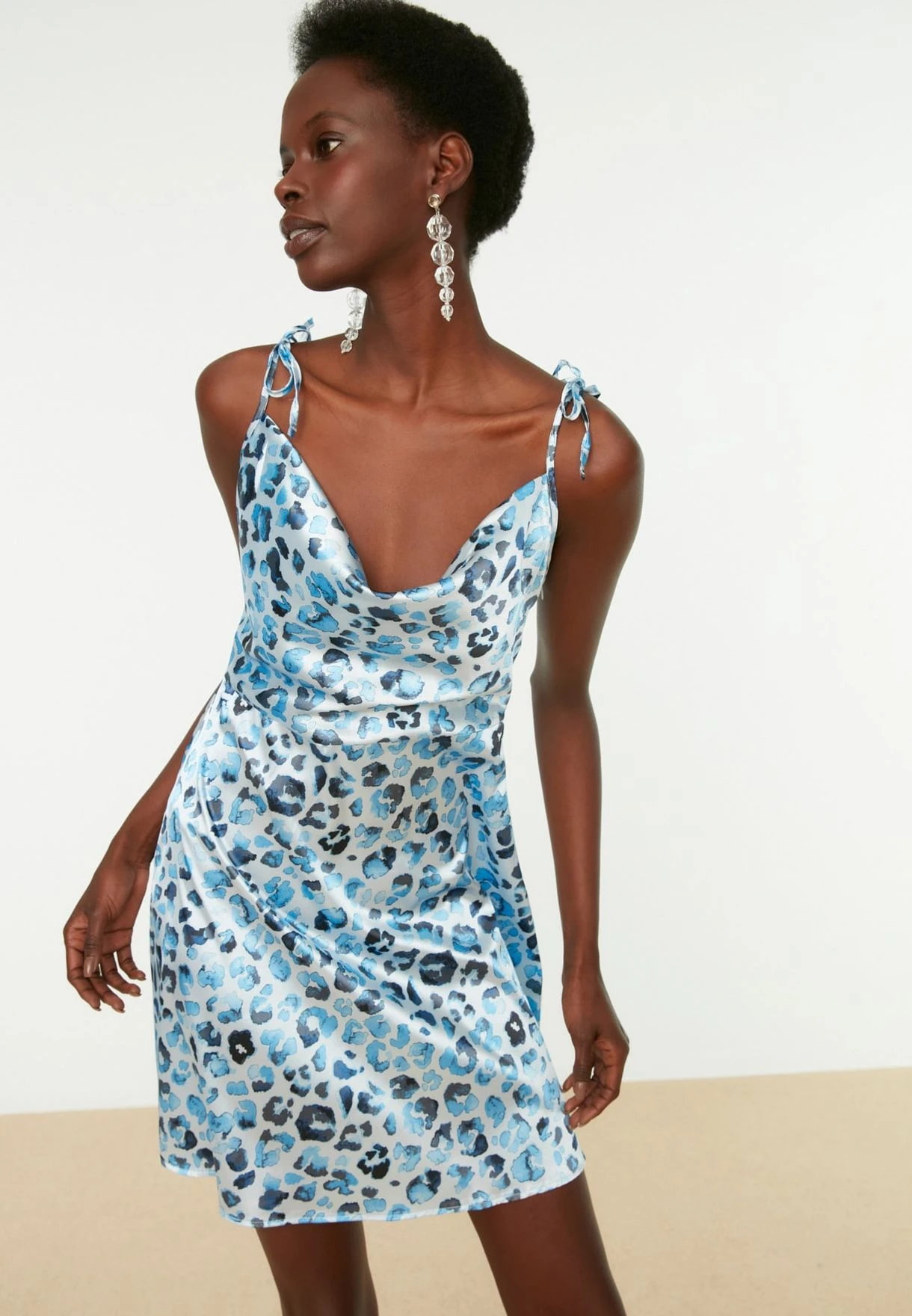 Trendyol Cowl Neck Tie Shoulder Printed Dress 1 Trendyol Cowl Neck Tie Shoulder Printed Dress