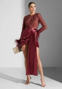 Belted Sequence Drape Detail Dress