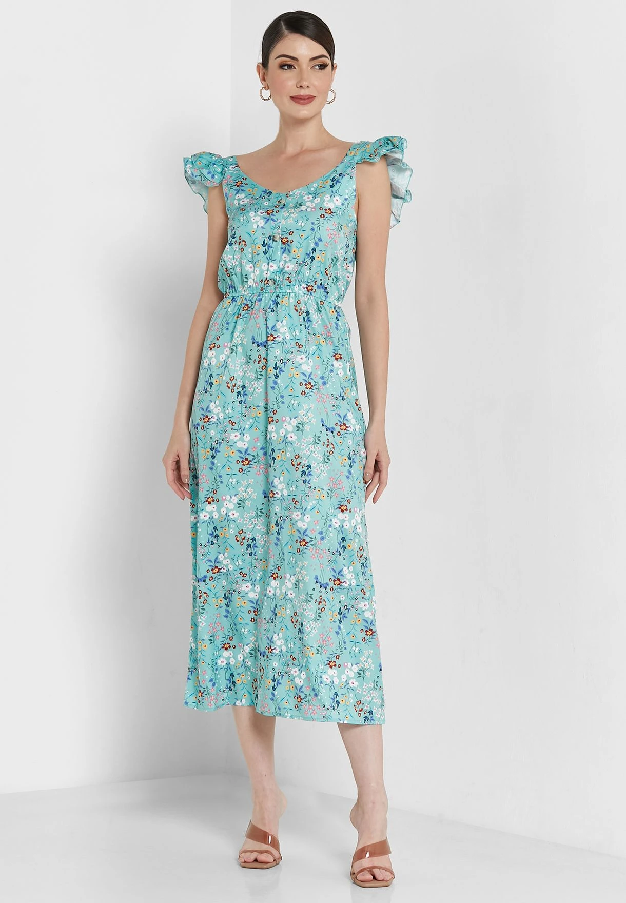 ELLA Printed Ruffled Shoulder Dress 1 ELLA Printed Ruffled Shoulder Dress