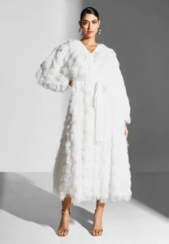 Fur Waterfall Trim Belted Dress