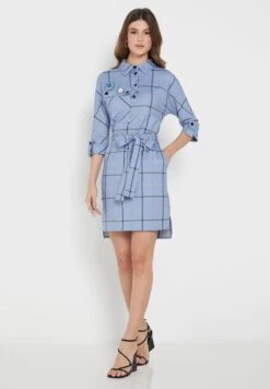 Checked Belted Button Detail Dress