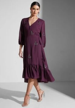 Surplice Embroidered Ruffle Hem Dress