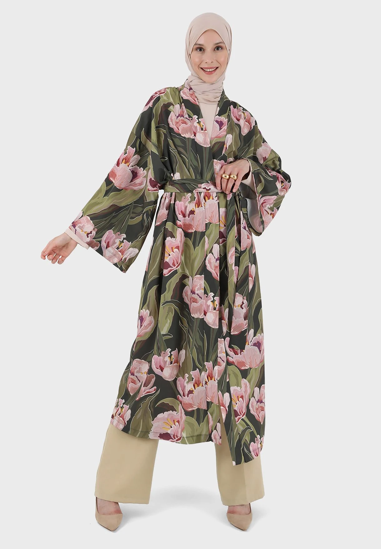 Floral Printed Flute Sleeve Tie Detail Kimono 1 Floral Printed Flute Sleeve Tie Detail Kimono