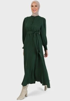 Shirred Balloon Sleeve Belted Dress