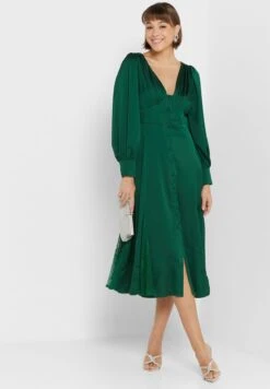Little Mistress Plunge Neck Button Puff Sleeve Dress
