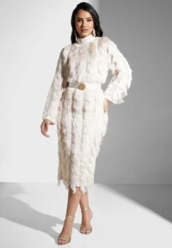 Fur High Neck Embellished Belted Dress