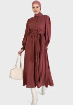 Shirred Balloon Sleeve Belted Dress