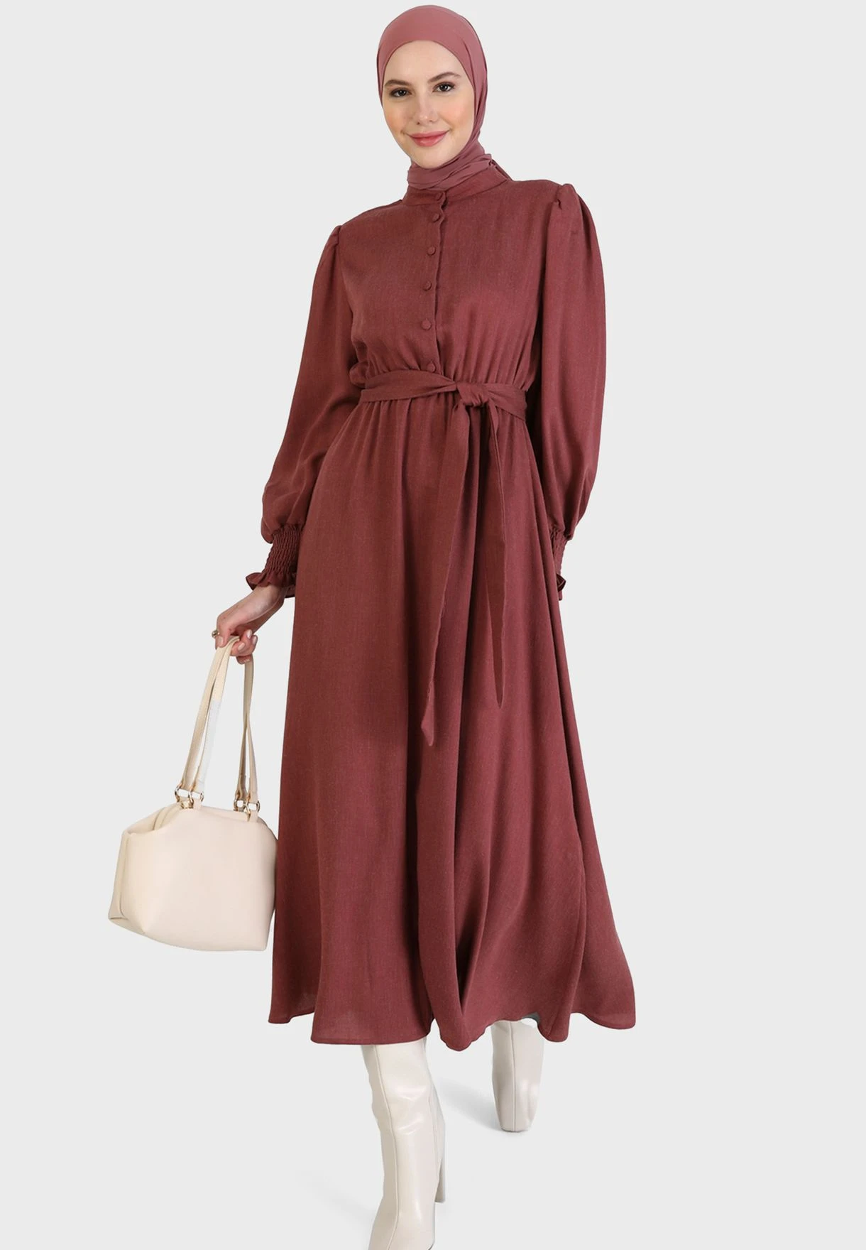 Shirred Balloon Sleeve Belted Dress 1 Shirred Balloon Sleeve Belted Dress