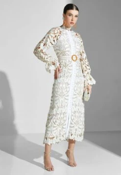 Front Slit Belted Broidered Dress