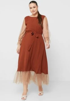 Mesh Detail Belted Fit & Flare Dress