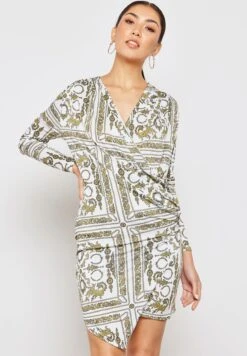 Baroque Print Wrap Front Drape Dress