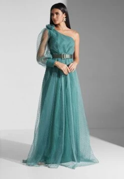 One Shoulder Tulle Detail Belted Dress