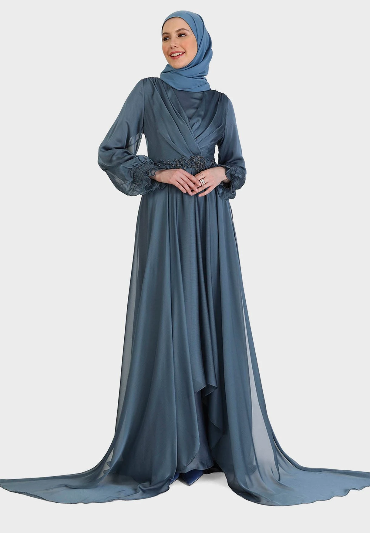 Surplice Neck Shirred Sleeve Belted Dress 1 Surplice Neck Shirred Sleeve Belted Dress