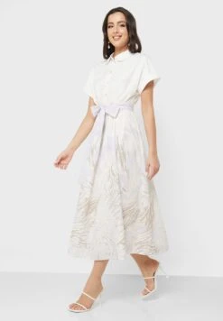 Button Down Belted Tiered Dress