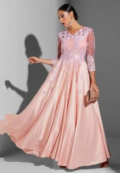 V-Neck Embroidered Pleat Detail Dress