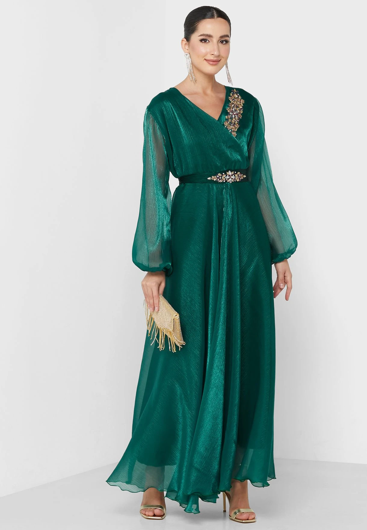 Surplice Neck Flute Sleeve Embellished Dress 1 Surplice Neck Flute Sleeve Embellished Dress