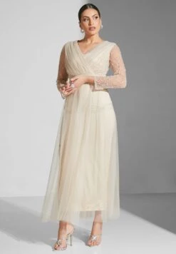 Surplice Neck Belted Mesh Tiered Dress