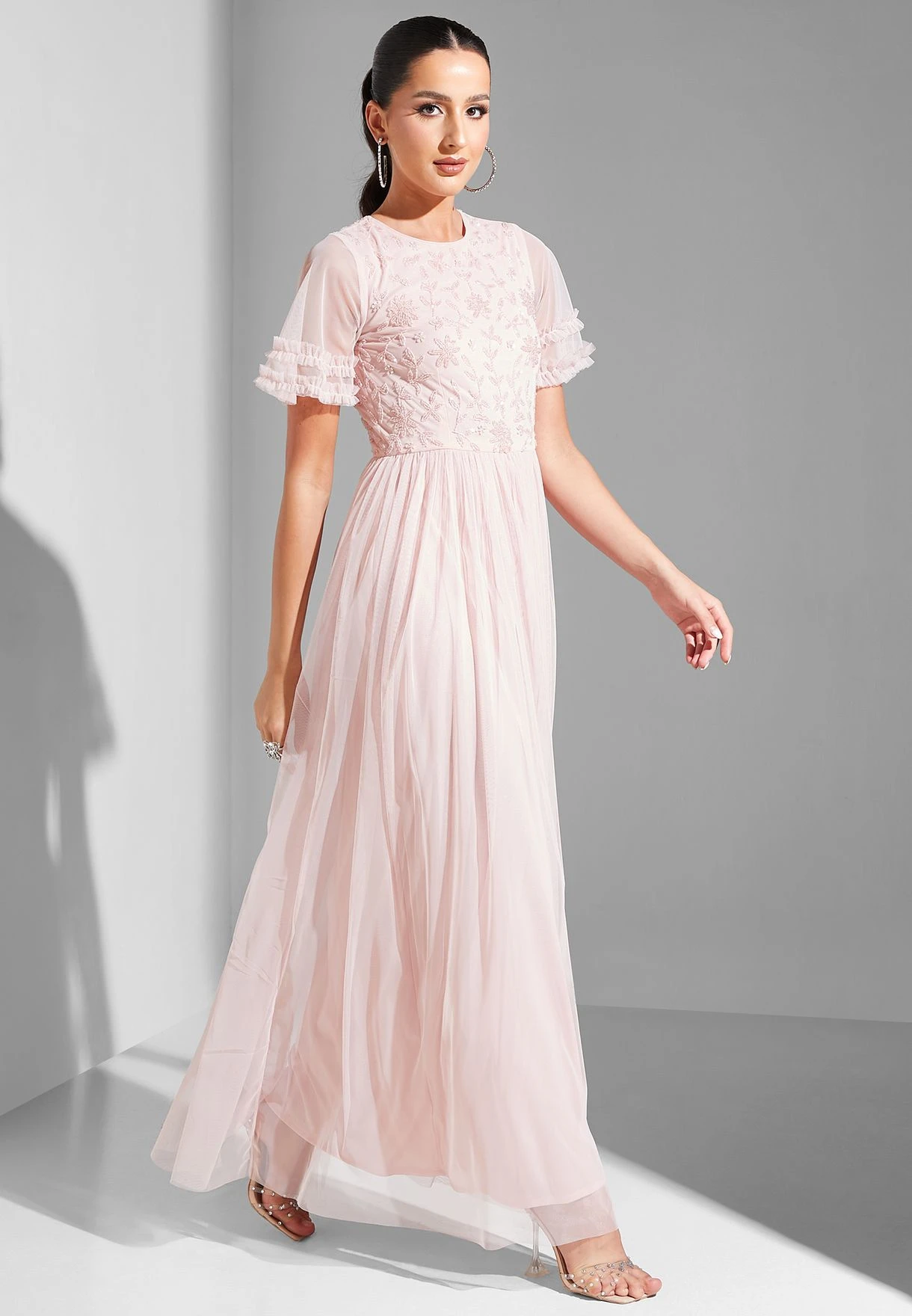 Embellished Bodice Dress With Ruffle Sleeves 1 Embellished Bodice Dress With Ruffle Sleeves