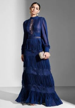 Balloon Sleeves Lace Trim Pleated Dress