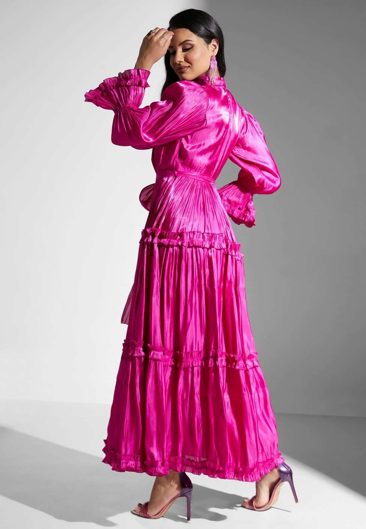 High Neck Ruffle Sleeve Belted Plisse Dress 2 High Neck Ruffle Sleeve Belted Plisse Dress - Image 2