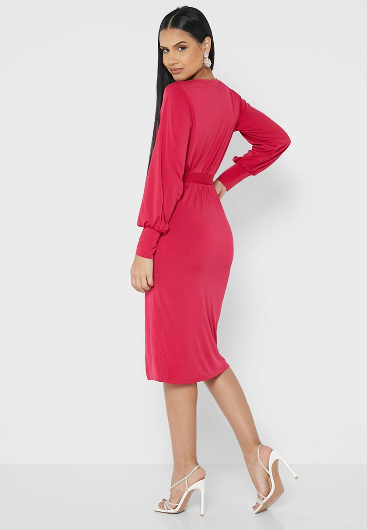 Balloon Sleeve Tie Detail Front Split Dress 2 Balloon Sleeve Tie Detail Front Split Dress - Image 2