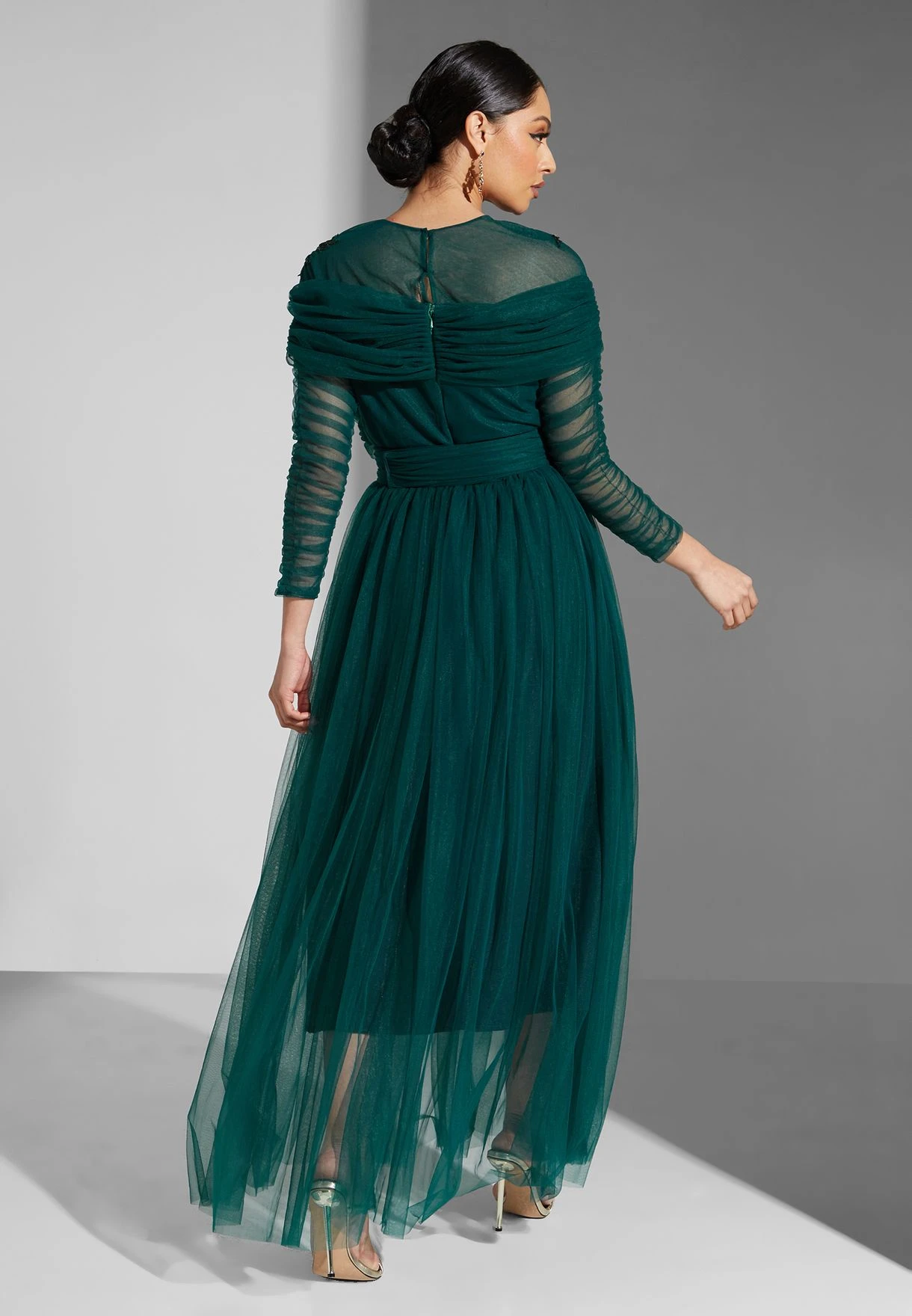 Embellished Pleated Dress With Ruching On Sleeve 2 Embellished Pleated Dress With Ruching On Sleeve - Image 2