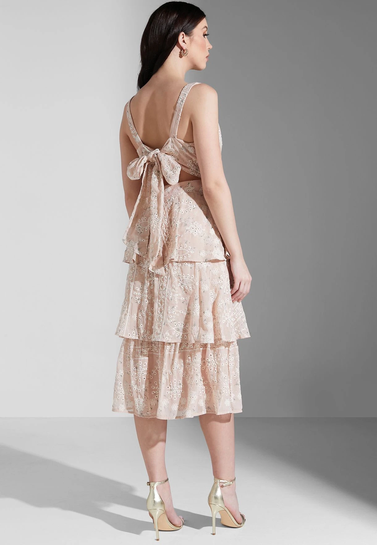 Floral Broiderie Bow Back Tiered Midi Dress 2 Floral Broiderie Bow Back Tiered Midi Dress - Image 2