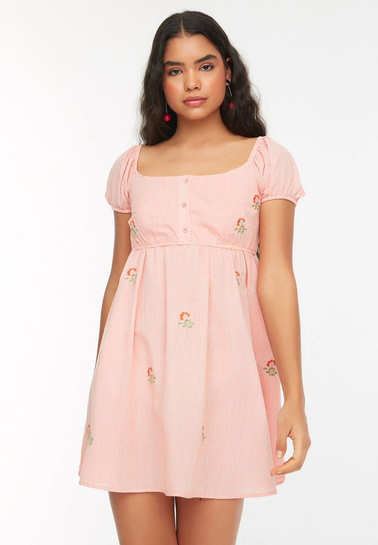 Trendyol Puff Sleeve Embroidered Button Detail Dress 2 Trendyol Puff Sleeve Embroidered Button Detail Dress - Image 2