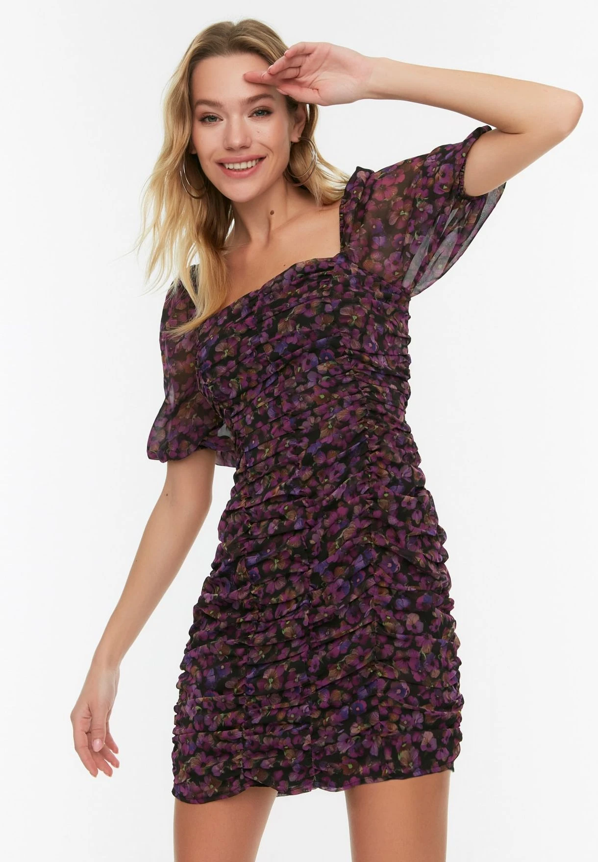 Trendyol Floral Print Pleated Square Neck Dress 2 Trendyol Floral Print Pleated Square Neck Dress - Image 2