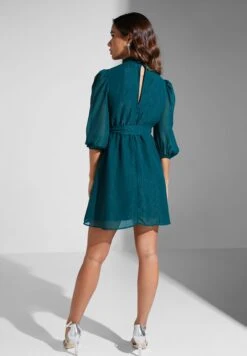 High Neck Belted Puff Sleeve Dress -Silk Bloom Dresses Store 2 zoom desktop 90