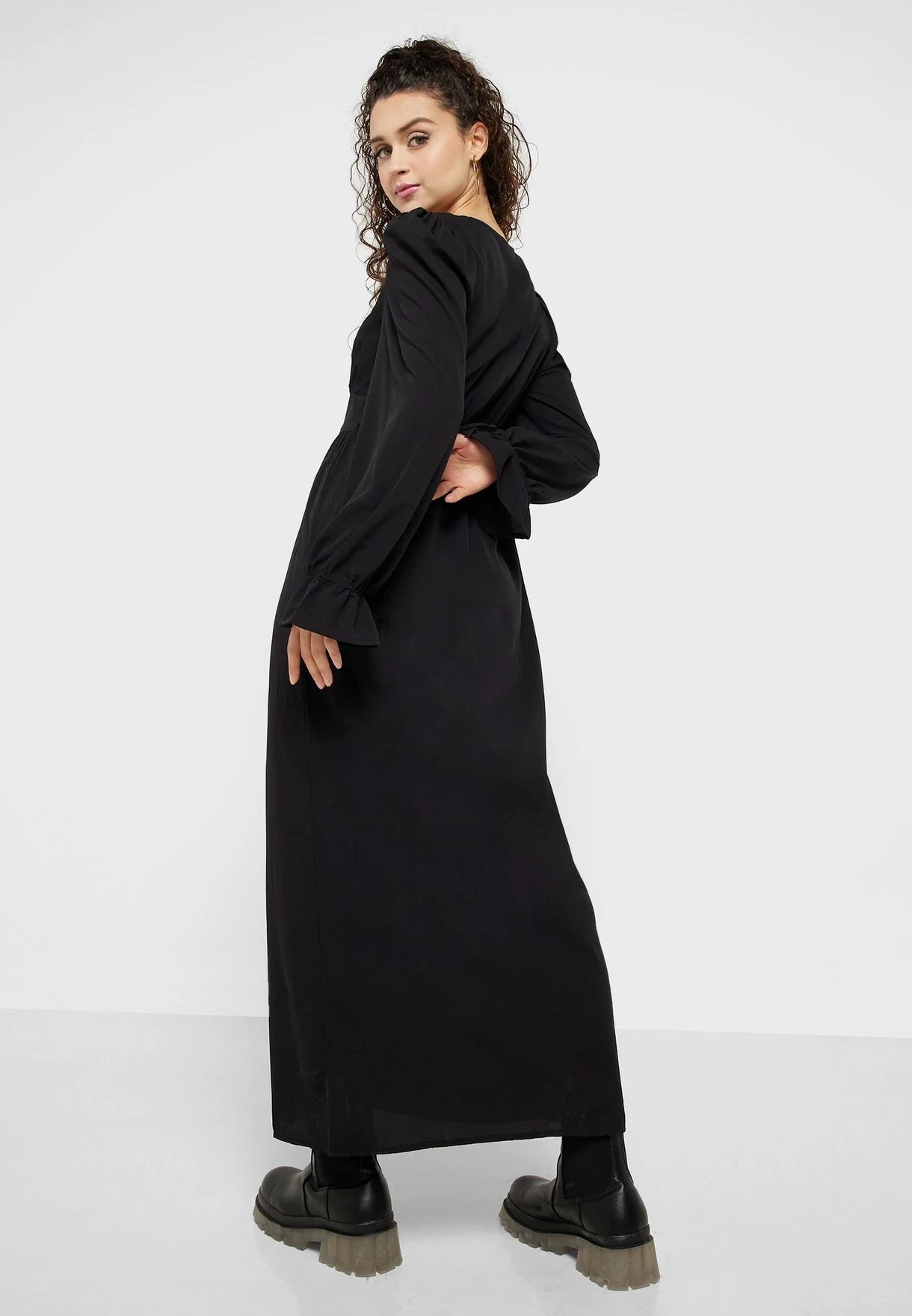 Monki Button Detail Puff Sleeve Dress 2 Monki Button Detail Puff Sleeve Dress - Image 2