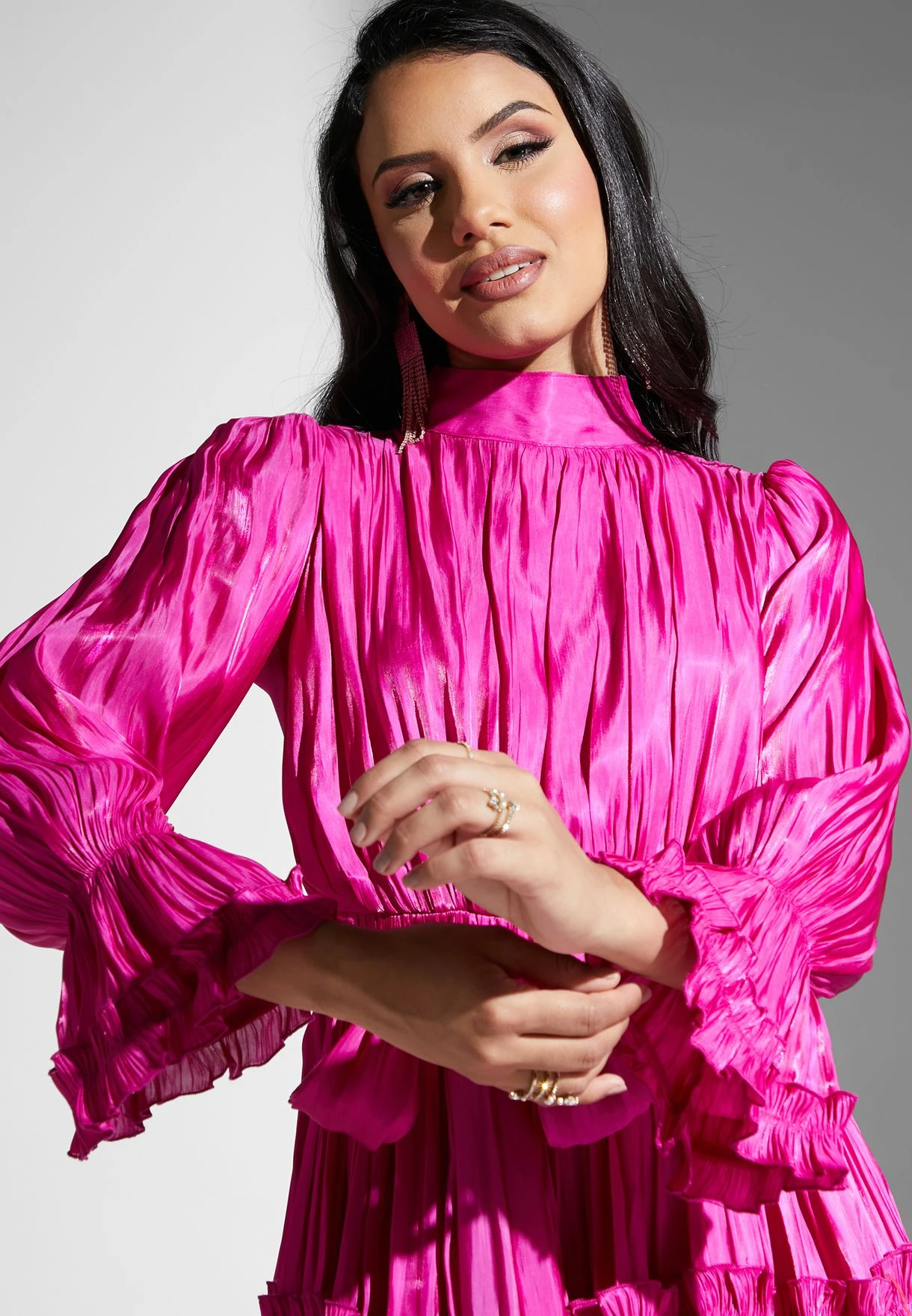 High Neck Ruffle Sleeve Belted Plisse Dress 3 High Neck Ruffle Sleeve Belted Plisse Dress - Image 3