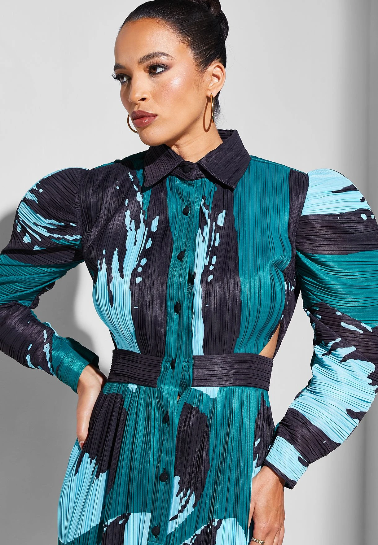 Plisse Button Detail Printed Dress 3 Plisse Button Detail Printed Dress - Image 3