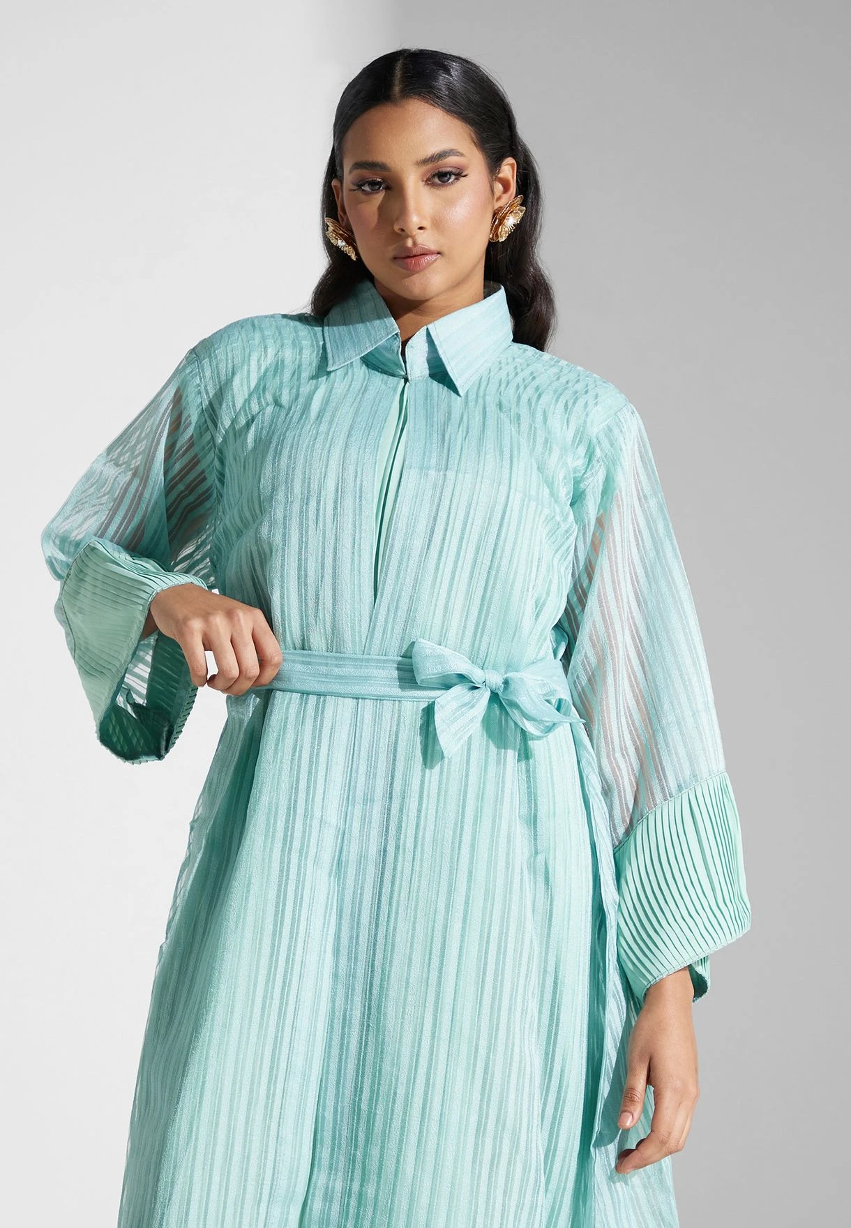Self Striped Belted Shirt Dress 3 Self Striped Belted Shirt Dress - Image 3