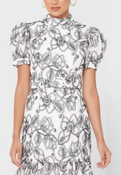 Puff Sleeve High Neck Floral Print Dress -Silk Bloom Dresses Store 3 zoom desktop 1590