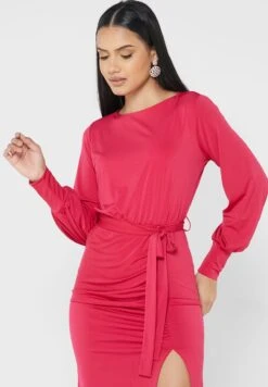 Balloon Sleeve Tie Detail Front Split Dress 6 Balloon Sleeve Tie Detail Front Split Dress -Silk Bloom Dresses Store 3 zoom desktop 1668