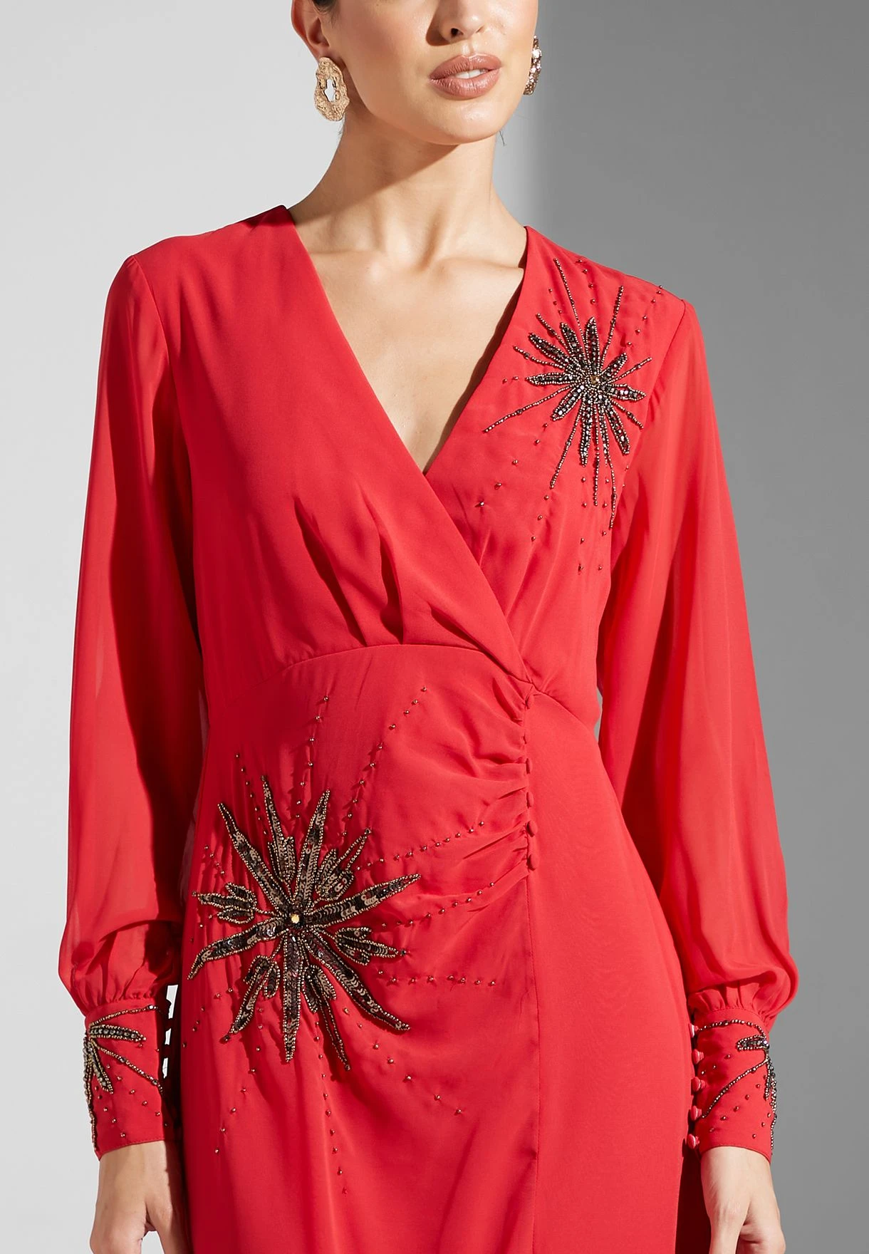 Balloon Sleeve Split Detail Embroidered Dress 3 Balloon Sleeve Split Detail Embroidered Dress - Image 3