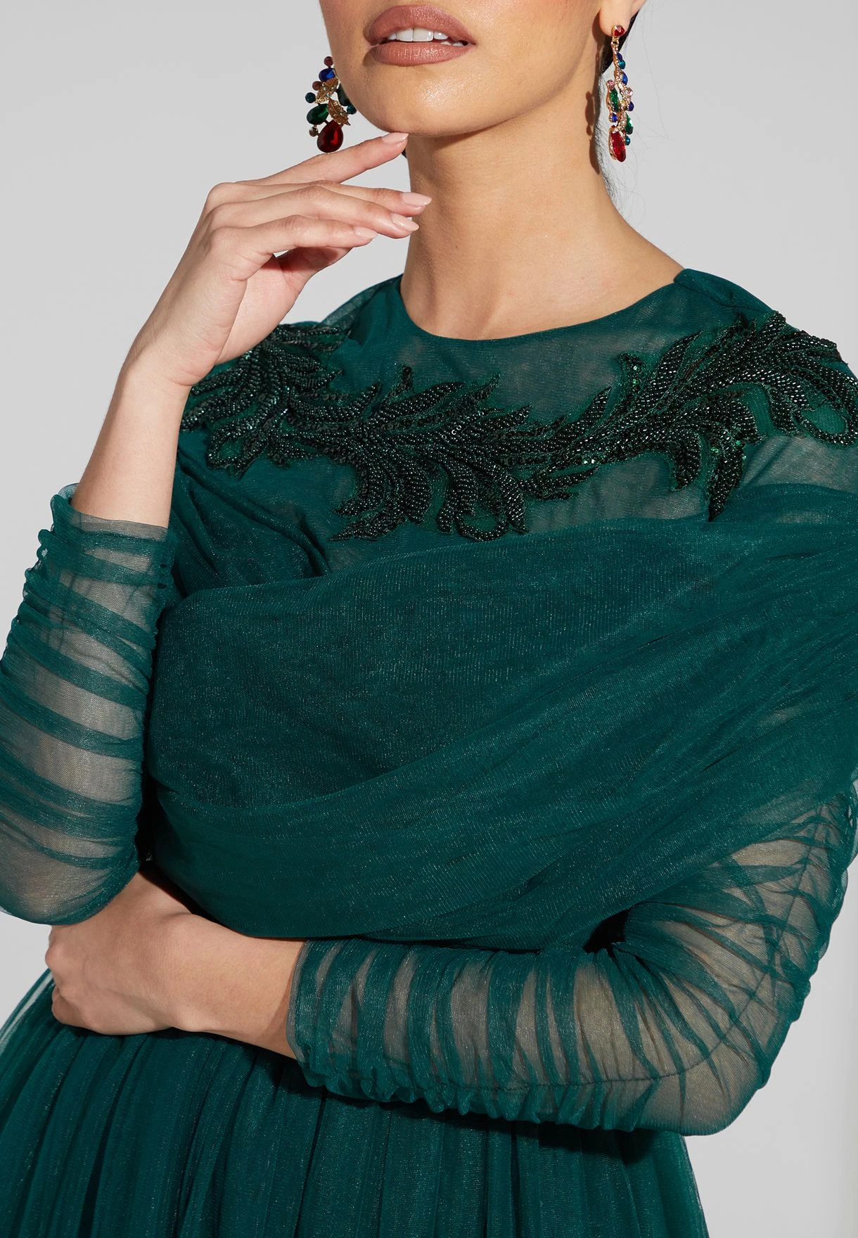 Embellished Pleated Dress With Ruching On Sleeve 3 Embellished Pleated Dress With Ruching On Sleeve - Image 3