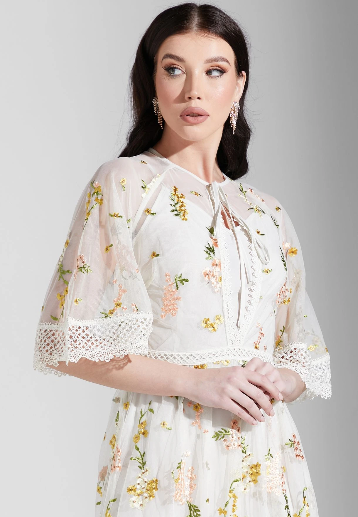 Embroidery Lace Trim Angel Sleeves Midi Dress 3 Embroidery Lace Trim Angel Sleeves Midi Dress - Image 3