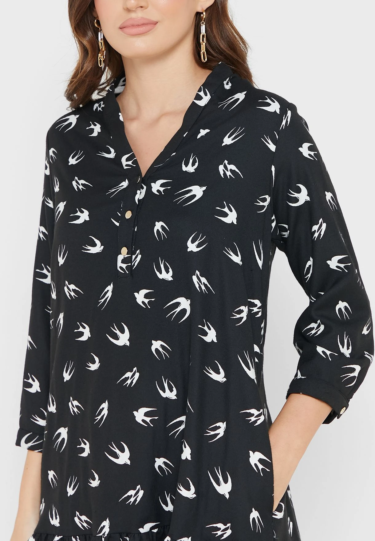 Button Detail Printed Tiered Hem Dress 3 Button Detail Printed Tiered Hem Dress - Image 3