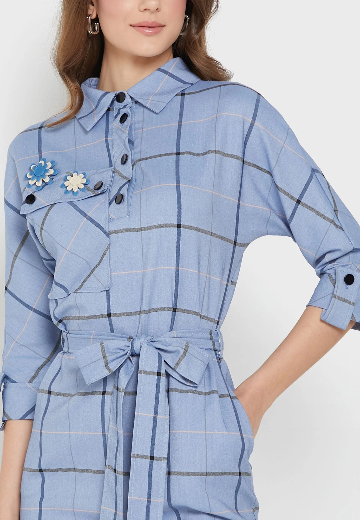 Checked Belted Button Detail Dress 3 Checked Belted Button Detail Dress - Image 3