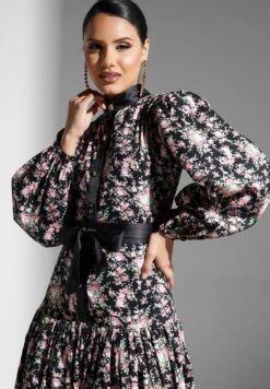 Floral Puff Sleeve Button Tiered Dress -Silk Bloom Dresses Store 3 zoom desktop 750