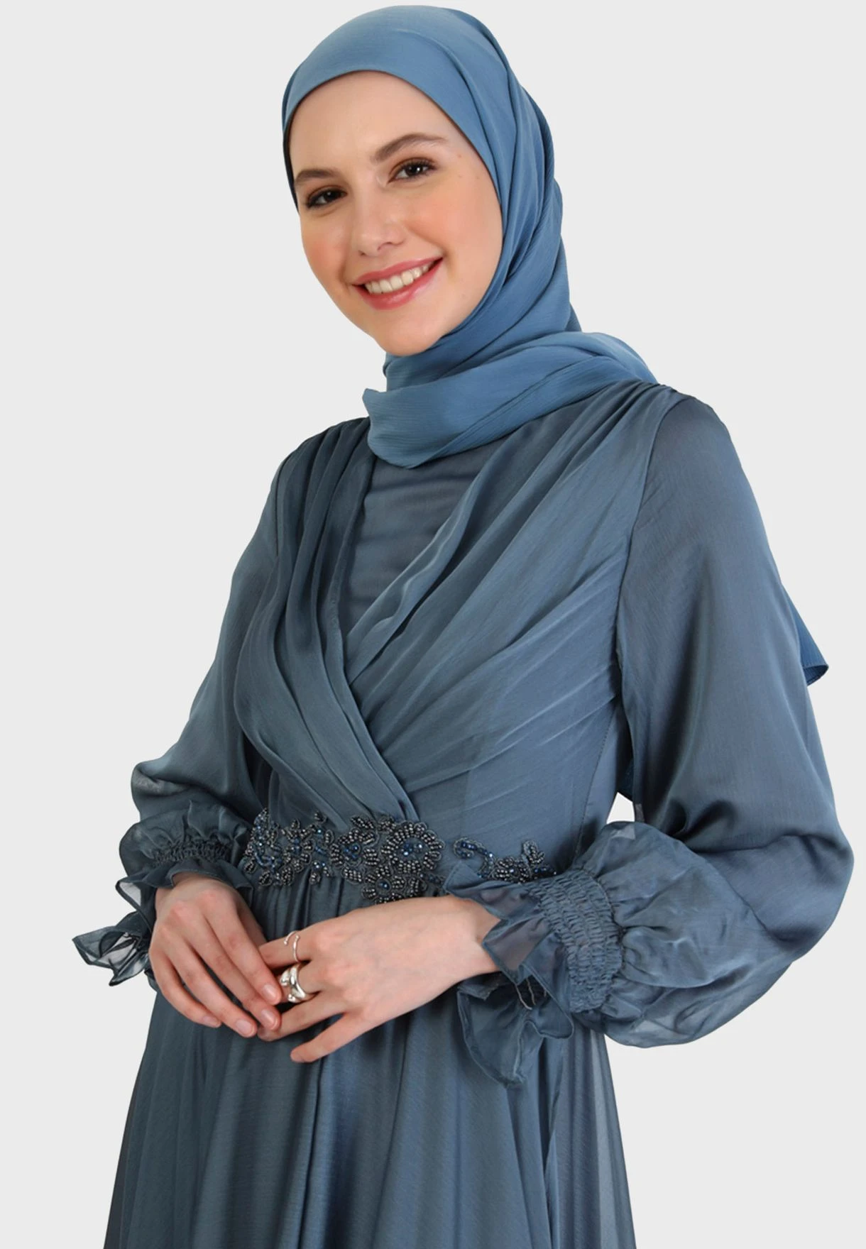 Surplice Neck Shirred Sleeve Belted Dress 3 Surplice Neck Shirred Sleeve Belted Dress - Image 3