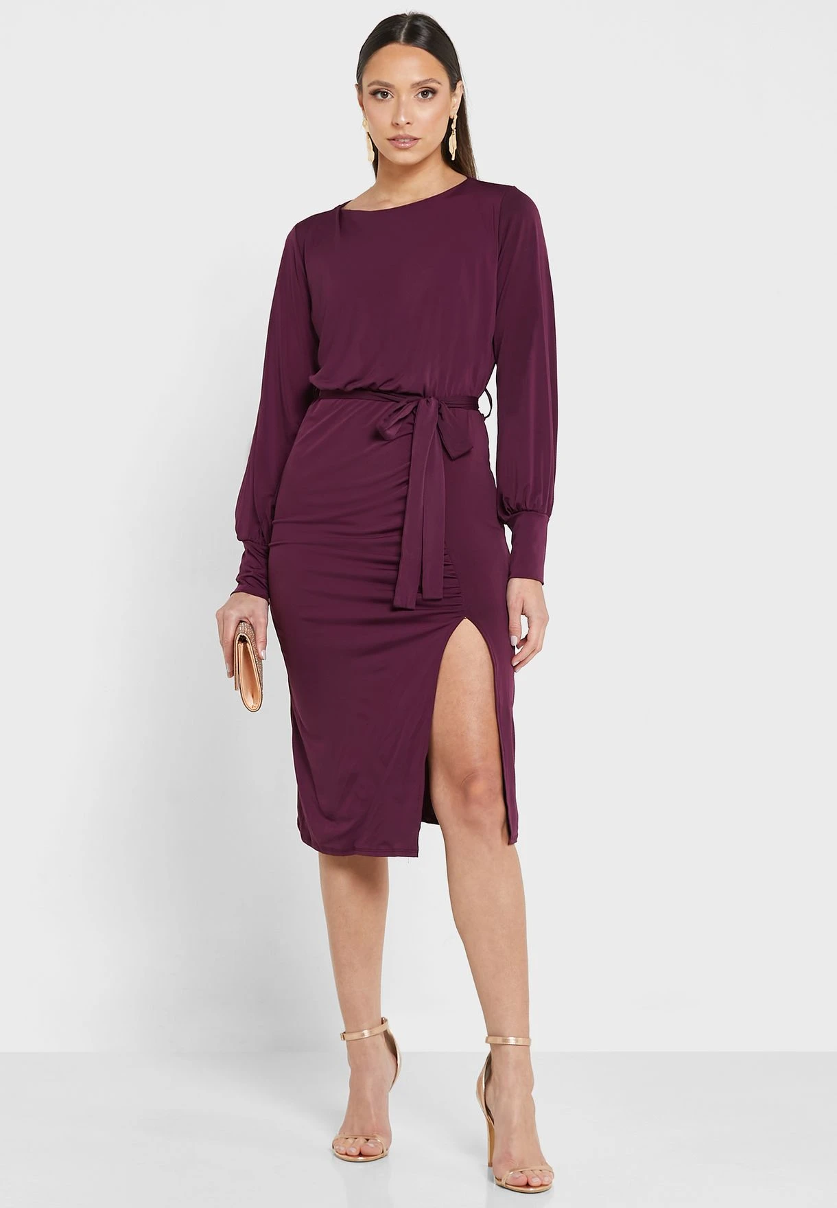 Balloon Sleeve Tie Detail Front Split Dress 4 Balloon Sleeve Tie Detail Front Split Dress - Image 4