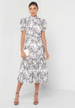 Puff Sleeve High Neck Floral Print Dress -Silk Bloom Dresses Store 4 zoom desktop 1562