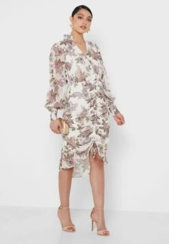 Plunge Neck Balloon Sleeve Printed Ruched Dress -Silk Bloom Dresses Store 4 zoom desktop 1630