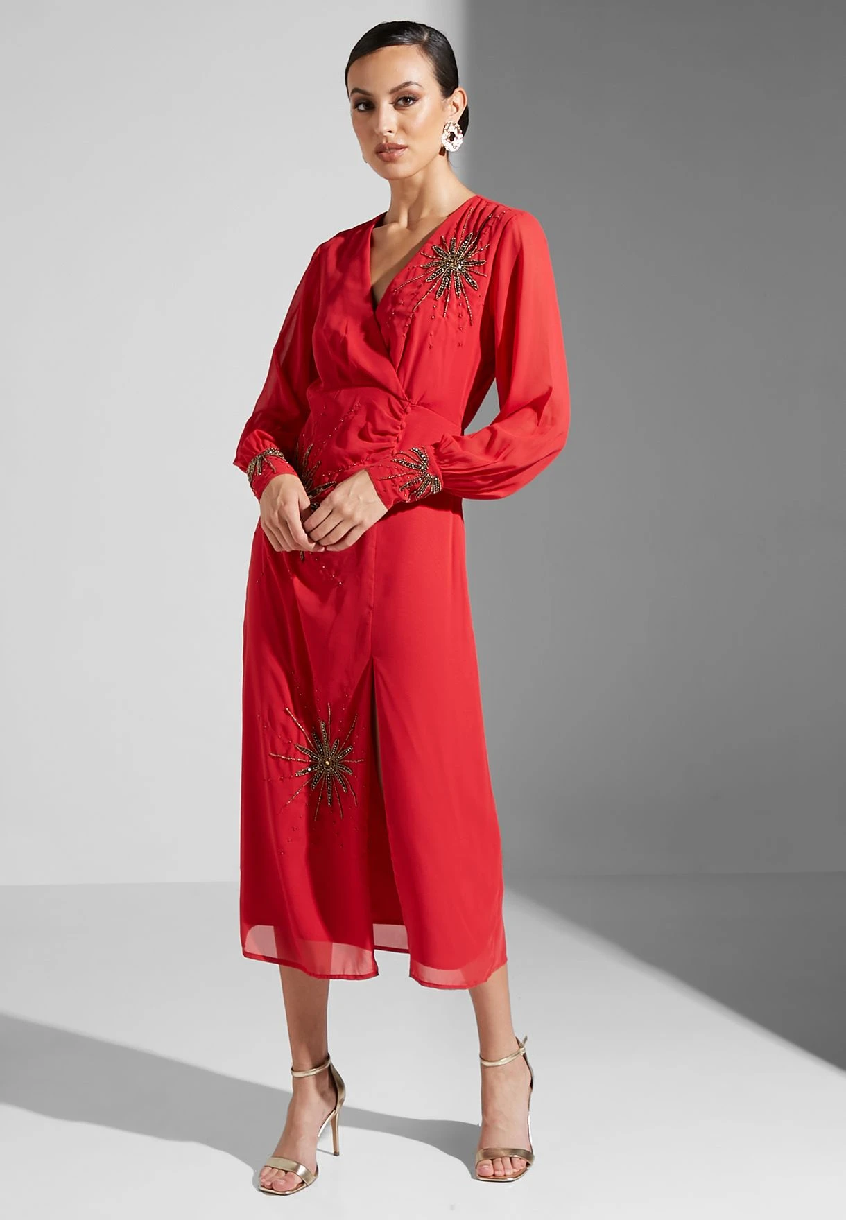 Balloon Sleeve Split Detail Embroidered Dress 4 Balloon Sleeve Split Detail Embroidered Dress - Image 4