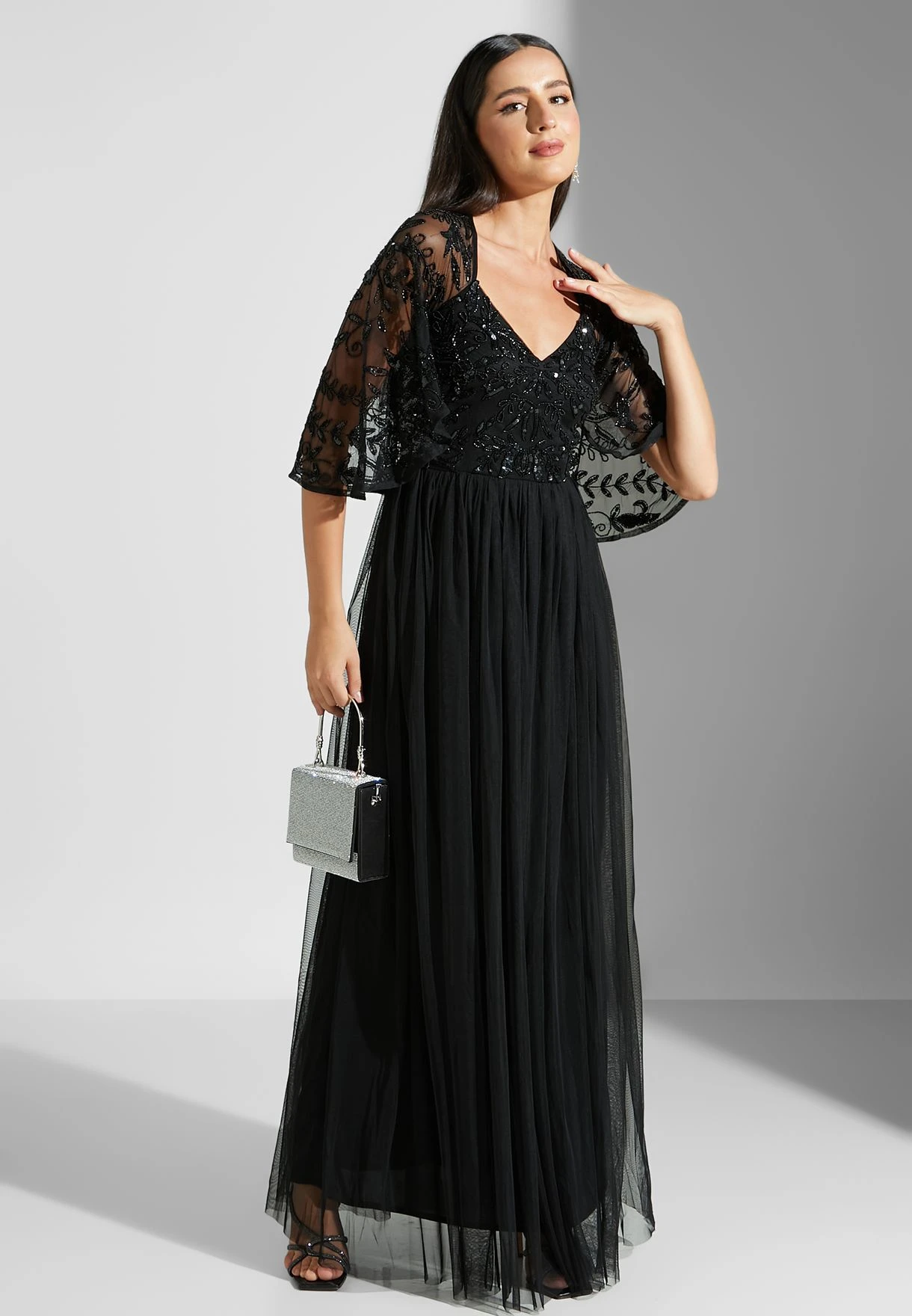 Cape Sleeve Sequin Detail Pleated Dress 4 Cape Sleeve Sequin Detail Pleated Dress - Image 4